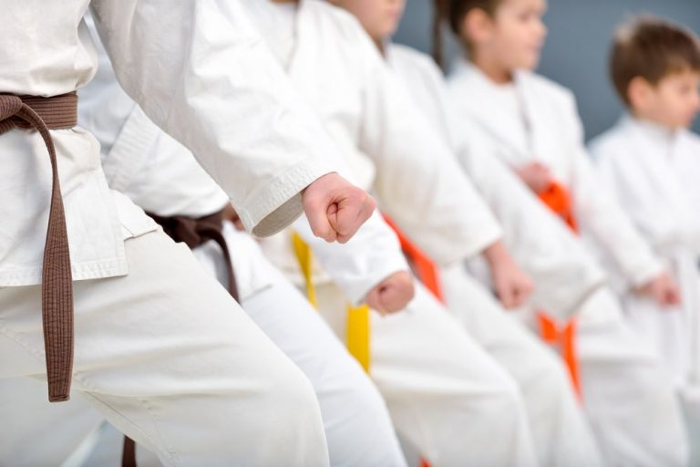Kids Standing Next To Each Other In Karate Training